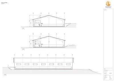 Snittegning (Snitt 1, Snitt 2 og Snitt A) som viser tverrsnittet gjennom bygningen, takhøyder og grunnforhold.