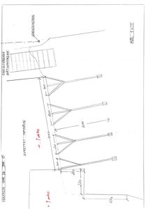 Tegning som viser detaljert konstruksjon av en rampe eller trapp med mål og høydeforskjeller (m.h.o.).