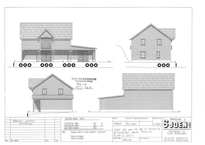Fasadetegning som viser bygningens utseende fra fire ulike vinkler (frem, bak, venstre og høyre side).
