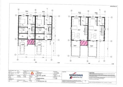 Etasjeplan (H01 og H02) som viser romfordeling, veggtykkelse og innvendige mål for en bygning.
