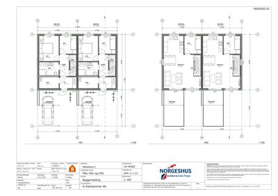 Etasjeplan (H01 og H02) som viser romfordeling, stueplan og parkeringsplasser for en rekkehus.