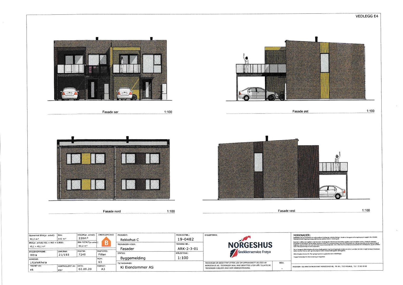 Fasadetegning som viser bygningens utseende fra fire sider (nord, øst, sør, vest) med bil og personfigurer for skala.