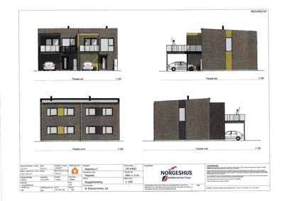 Fasadetegning som viser bygningens utseende fra fire sider (nord, øst, sør, vest) med bil og personfigurer for skala.