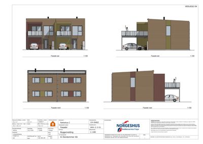 Fasadetegning som viser bygningens utseende fra fire sider (nord, øst, sør, vest) med bilparkering.