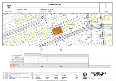 Situasjonskart som viser eiendomsnummer, adresse, utskriftsdato, målestokk, nabolagsgrenser, arealoppdelinger og en støttemur i snitt.