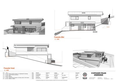 Bildet viser fasadetegninger (Øst og Vest) med snittlinjer, samt en 3D-visualisering av bygningens utseende.