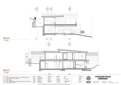 Snittegning (Snitt 3 og Snitt 4) som viser bygningens tverrsnitt, høyder, romfordeling og konstruksjon.