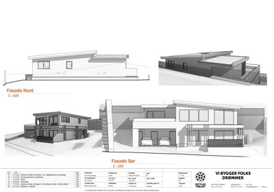 Tegning som viser fasadeoppsett for bygningen sett fra nord og sør, inkludert detaljer som vinduer, takform og materialer.