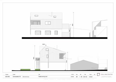 Fasade tegning som viser bygningens utseende sett fra vest og nord med høydeangivelser.
