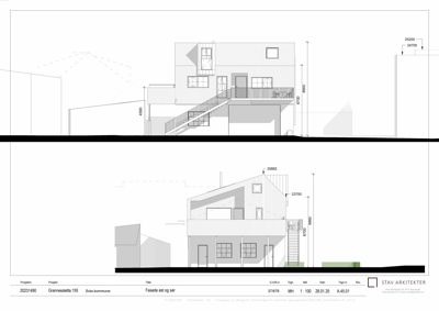 Bildet viser to fasadetegninger av en bygning, en øst- og en sør-fasade, med mål og detaljer.