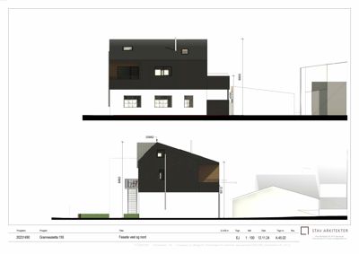 Fasadetegning som viser bygningens utseende sett fra vest og nord, med mål og detaljer.