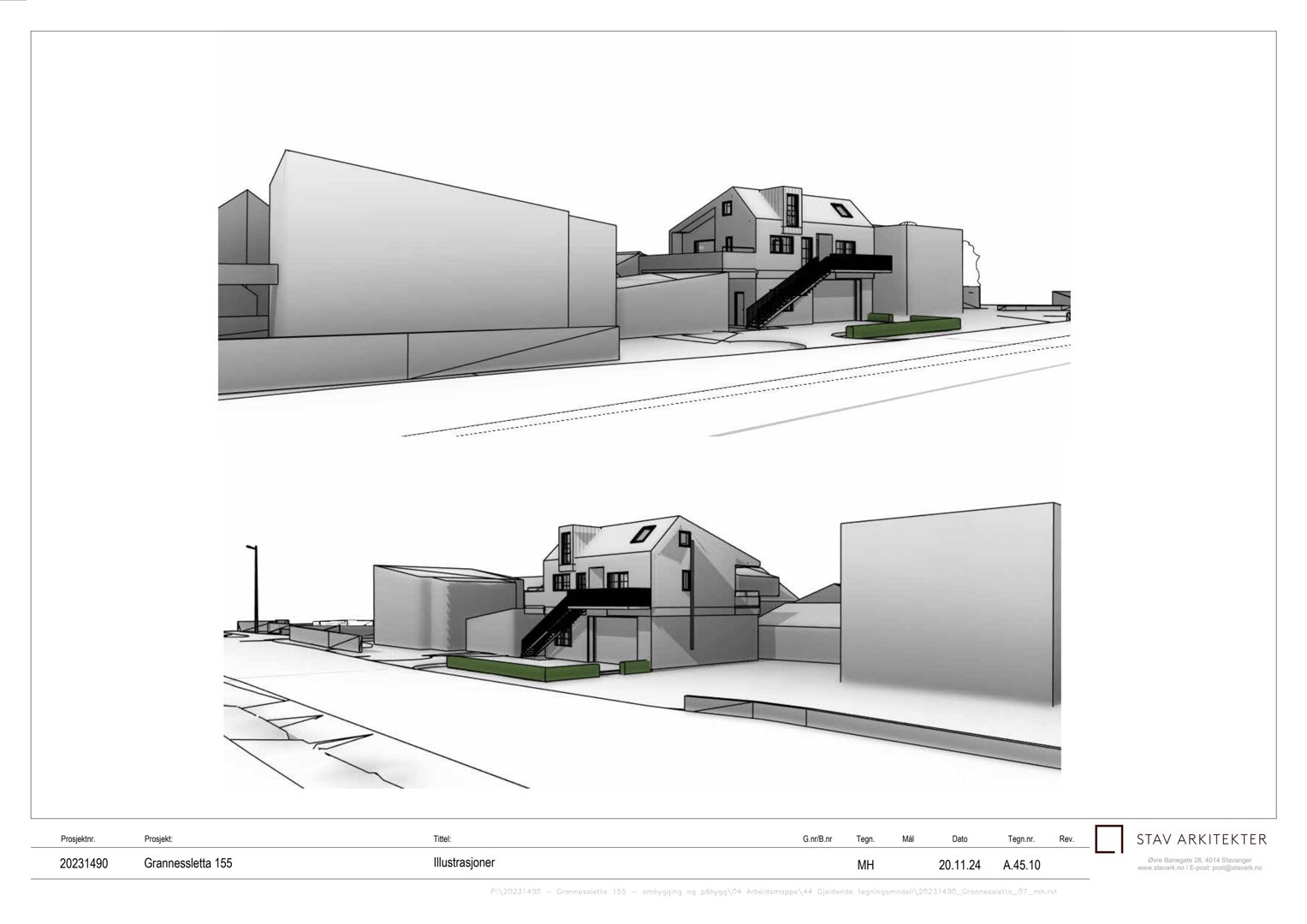3D-visualisering av en bygning med omgivelsene, inkludert en trapp og beplantning.