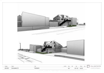 3D-visualisering av en bygning med omgivelsene, inkludert en trapp og beplantning.