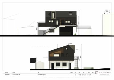 Fasadetegning som viser bygningens utseende sett fra øst og sør med mål og detaljer.