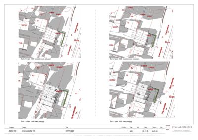 Situasjonsplaner som viser eksisterende situasjon og planlagt påbygg for Grannesletta 155.