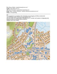 Kart som viser et byområde med gater, bygninger og grøntområder, inkludert en markert plassering.