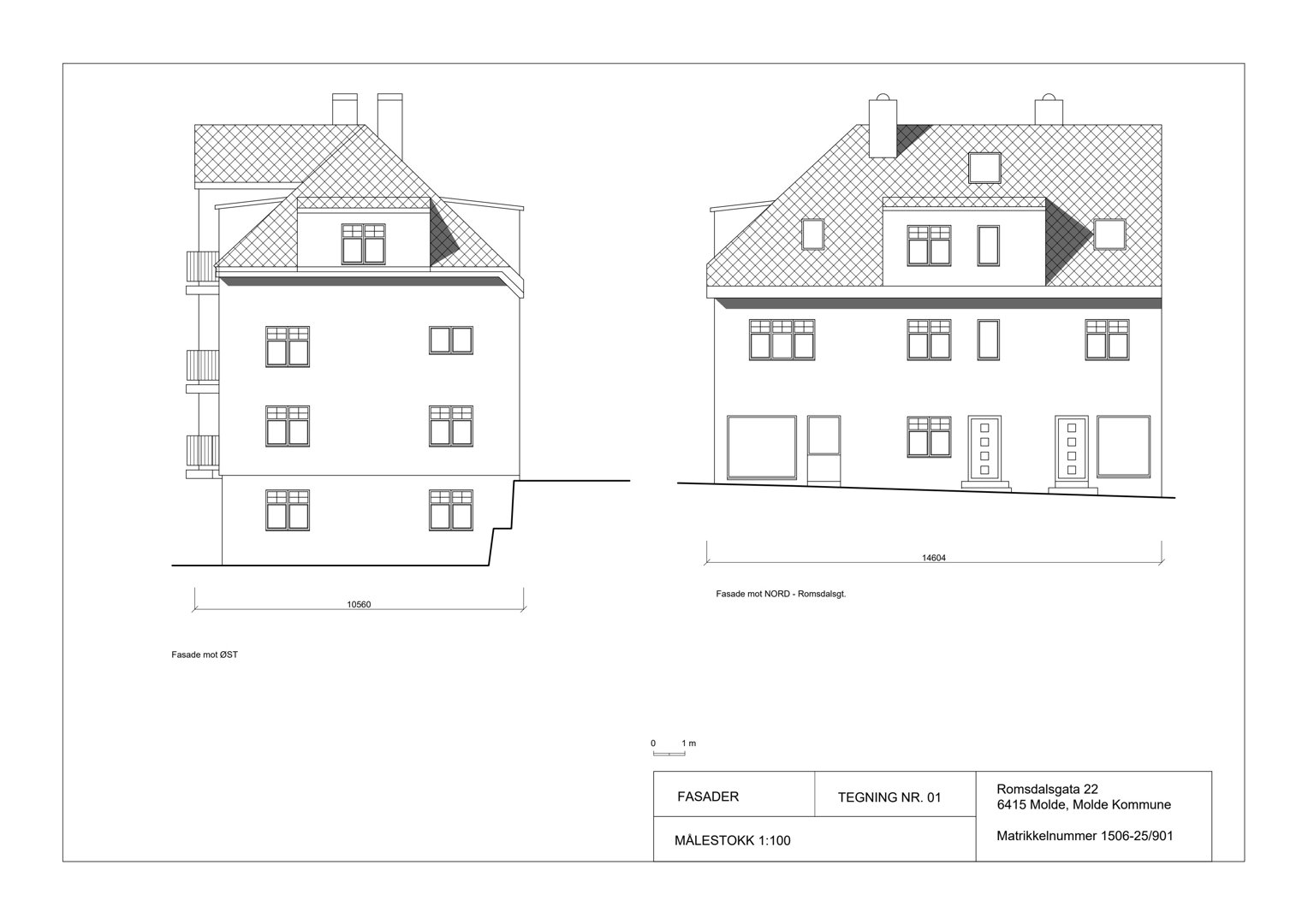 Fasadetegning som viser bygningens utseende fra to sider (vest og nord-øst).