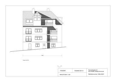 Fasadetegning som viser bygningens utseende fra sydsiden, inkludert vinduer, balkonger og takform.