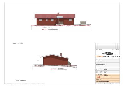 Fasadetegning som viser bygningens utseende fra øst og sør.