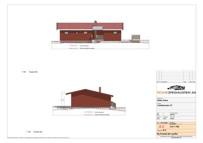 Fasadetegning som viser oppriss av bygningens front (Øst) og side (Sør) med mål og detaljer.