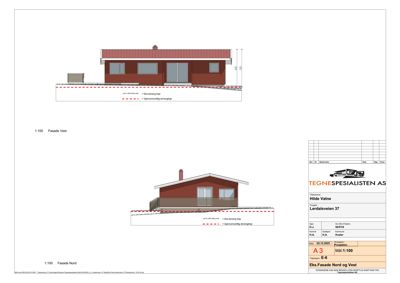Fasadetegning som viser bygningens utseende fra nord og vest, inkludert mål, terrengforhold og arkitektoniske detaljer.