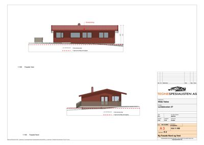 Fasadetegning som viser bygningens utseende fra nord og vest, inkludert mål og grunnmurhøyde.