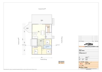 Etasjeplan (Eks. Plan 1. Etasje) som viser romfordeling, mål og funksjoner for første etasje i en bolig.
