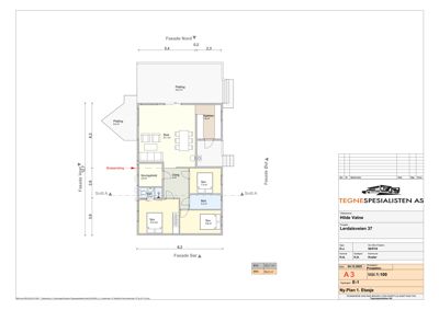 Etasjeplan (1. etasje) med romfordeling, dimensjoner og fasadeopprikk.