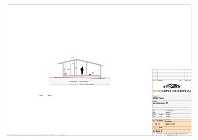 Snittegning (Snitt A) som viser bygningens tverrsnitt, høyder og grunnkonstruksjon.