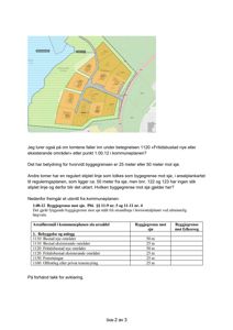 Kart over et område med bebyggelse, vann og vegetasjon, inkludert tekst om byggegrenser og arealplan.