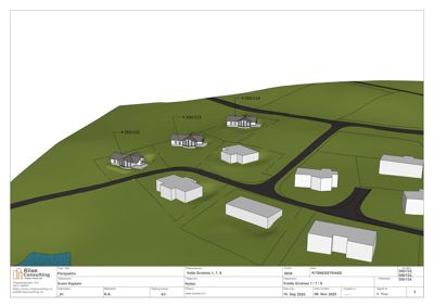 3D-visualisering (perspektiv) av et boligfelt med flere hus, veier og terrengform.
