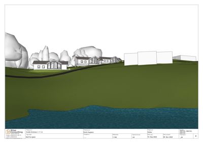 3D-visualisering (rendering) som viser en gruppe hytter på en skråning med vann i forgrunnen. Bildet illustrerer bygningenes form, plassering og omgivelsene.