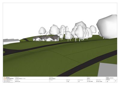 3D-visualisering (rendering) av et boligfelt med hus, trær og veier sett fra et lavt vinkel.