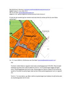 Situasjonsplan som viser tomtedeling, arealbruk (BYA) og parkeringsplanlegging for et fritidsområde.