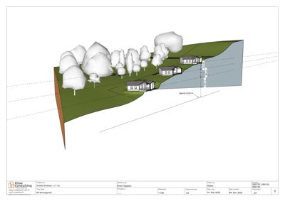 3D-visualisering (rendering) av et 3D-terrengmodell med tomt, trær og hytter.