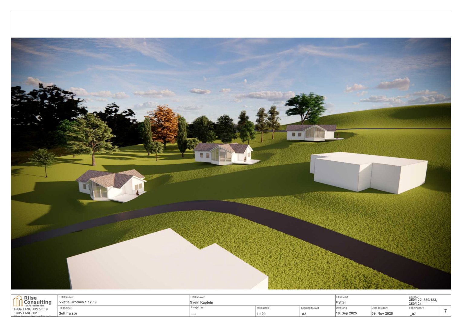 3D-visualisering av et boligfelt med flere hus, en vei og trær sett fra sør.