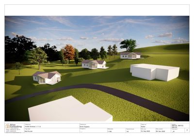 3D-visualisering av et boligfelt med flere hus, en vei og trær sett fra sør.