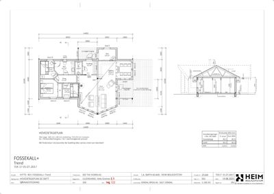 Bildet viser en hovedetasjeplan (Hovedetasjeplan) for en hytte, inkludert romfordeling, dimensjoner og et snitt av fasaden til høyre.