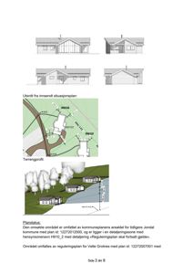 Bildet viser en samling tegninger fra en byggesak, inkludert fasadeopprikk, utsnitt fra situasjonsplan, terrengprofil og planstatus. Det er en side fra en dokumentpakke.