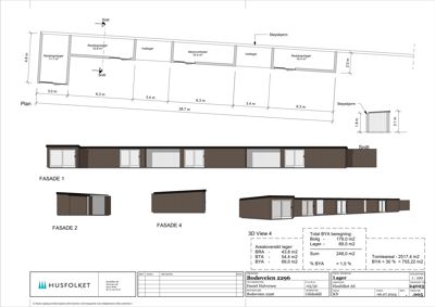 Bildet viser en kombinasjon av en snittegning (Plan) og 3D-visualiseringer (FASADE 1, 2, 4 og 3D View 4) av en bygning, samt arealoversikt.