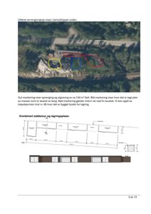 Bildet viser en flyfoto eller satellittbilde av et terreng med overlagte markeringer (rød, gul, blå) som illustrerer utførte terrengingrep, sprenging og plassering av en vei og boder.