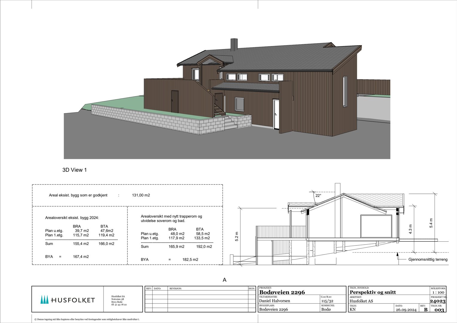 Bildet viser en 3D-visualisering (rendering) av en bygning sett fra en vinkel, med tilhørende tekniske data om arealer og et snitt av bygningen.