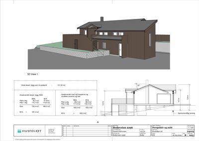 Bildet viser en 3D-visualisering (rendering) av en bygning sett fra en vinkel, med tilhørende tekniske data om arealer og et snitt av bygningen.