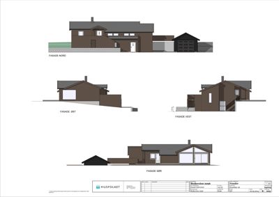 Fasadetegning som viser bygningens utsyn fra nord, øst, vest og sør.