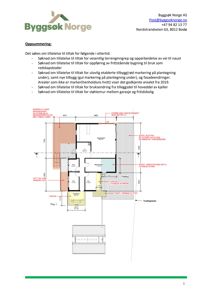 Etasjeplan (Plan 1) med romfordeling, mål og merknader om tilbygg og terrassering.