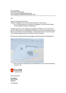 Kart som viser eiendomsgrenser, bygningers plassering og et kvikkleireskred-område markert med blå prikker.