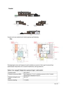 Bildet viser etasjeplaner (Plan 1 og Plan 2) med romfordeling, dimensjoner og tekniske merknader. Det inneholder også fasadetegninger og en tabell med opplysninger om tomte- og bebyggelsesareal.