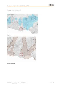 Kart som viser aktsomhetskart for skred (blå områder) og snøskred (brune prikkede områder) i et geografisk område.