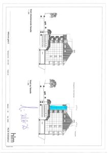 Fasadetegning som viser bygningens utseende fra vest, både eksisterende og ny fasade med detaljer om tak og vinduer.