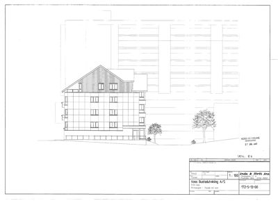 Fasadetegning som viser bygningens utseende fra fronten, inkludert vinduer, takform og fasadeforhold.